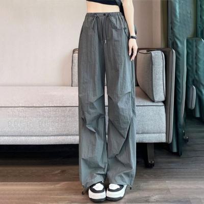 American-Style Ice Silk Quick-Dry Cargo Pants for Women - Summer Thin High-Waisted Drawstring Ankle-Cuff Casual Wide-Leg Trousers