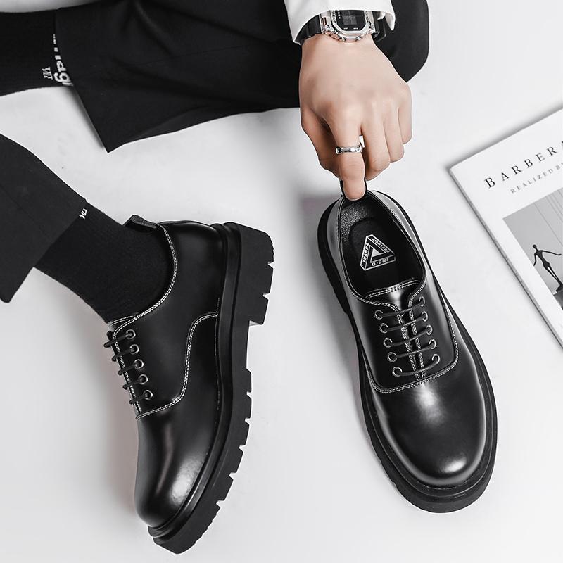 Men Genuine Leather Derby Shoes Male Square Toe Lace Up Platform Flats Business Dress Shoes Formal Wedding Footwear