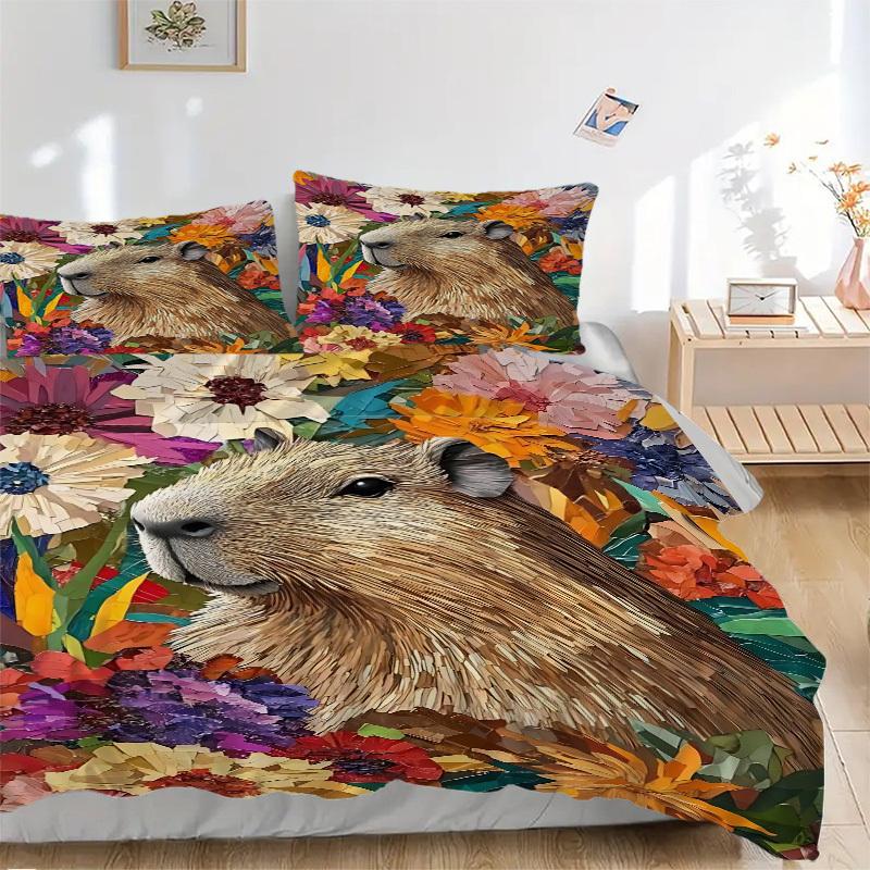 

3PCs Capybara, Floral Design Cover Set, Breathable Fabric, Machine Washable (1 Duvet Cover + 2 Pillowcases) (Without Quilt) yy250911164 135x200cm