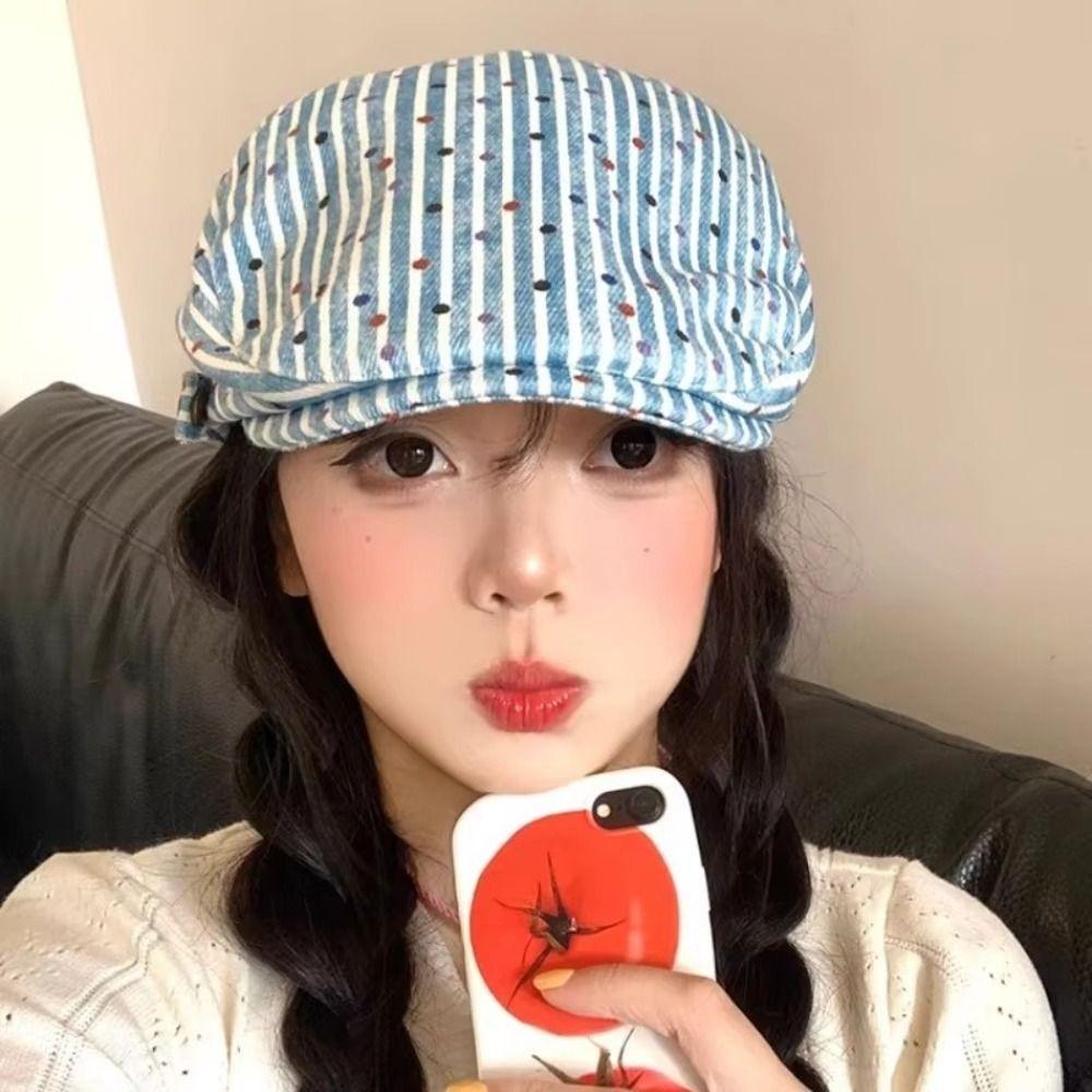 Vintage Polka Dot Beret Korean Painter Cap Ins Stripped Berets  Streetwear