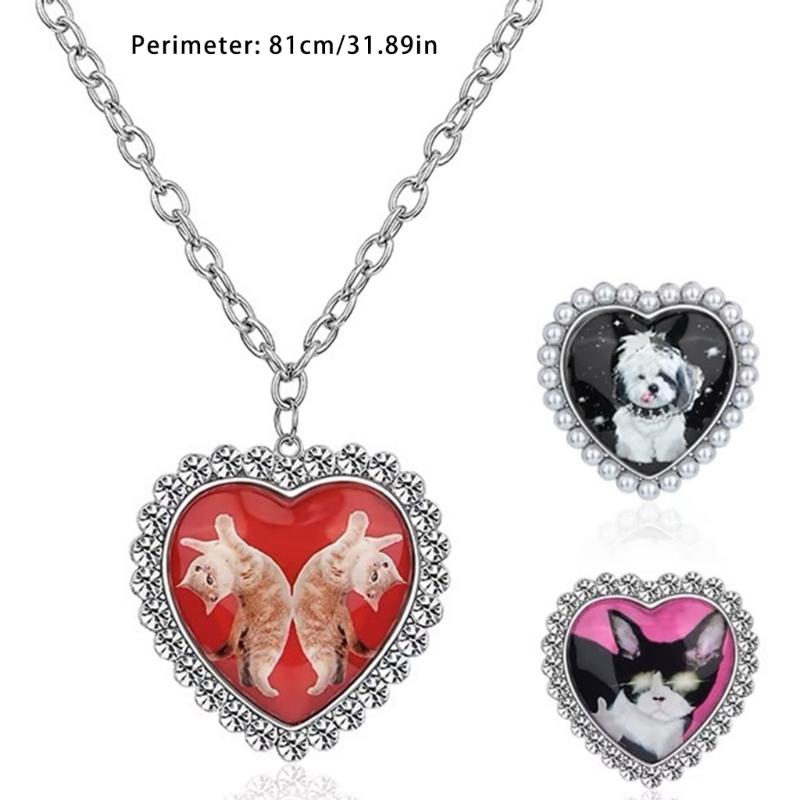 Lovely Pet Themed Long Chain Necklace With Heart Shape Cats And Dog Pendants Sturdy Stainless Steel