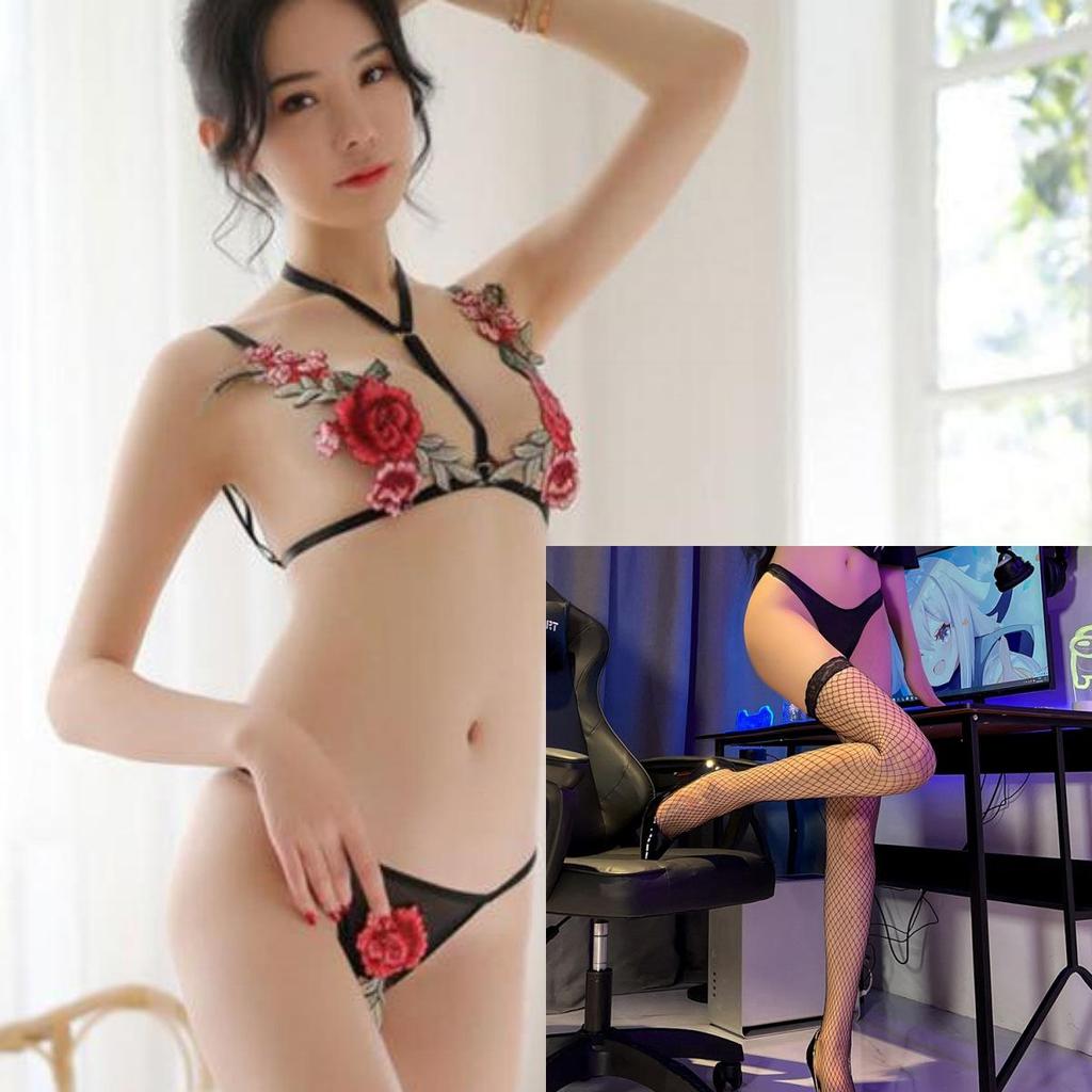 Seductive Rose Hot Three-Point See-Through Lingerie Nightgown A8