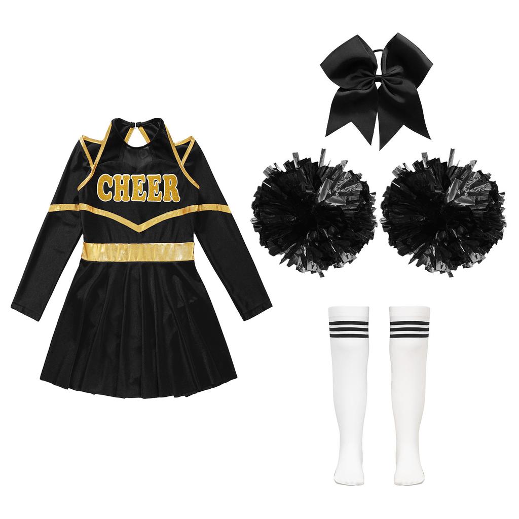 Kids Girls Shiny Cheerleading Costume Schoolgirls Dance Dress Uniform Complete Outfit with Pom Poms for Halloween Party