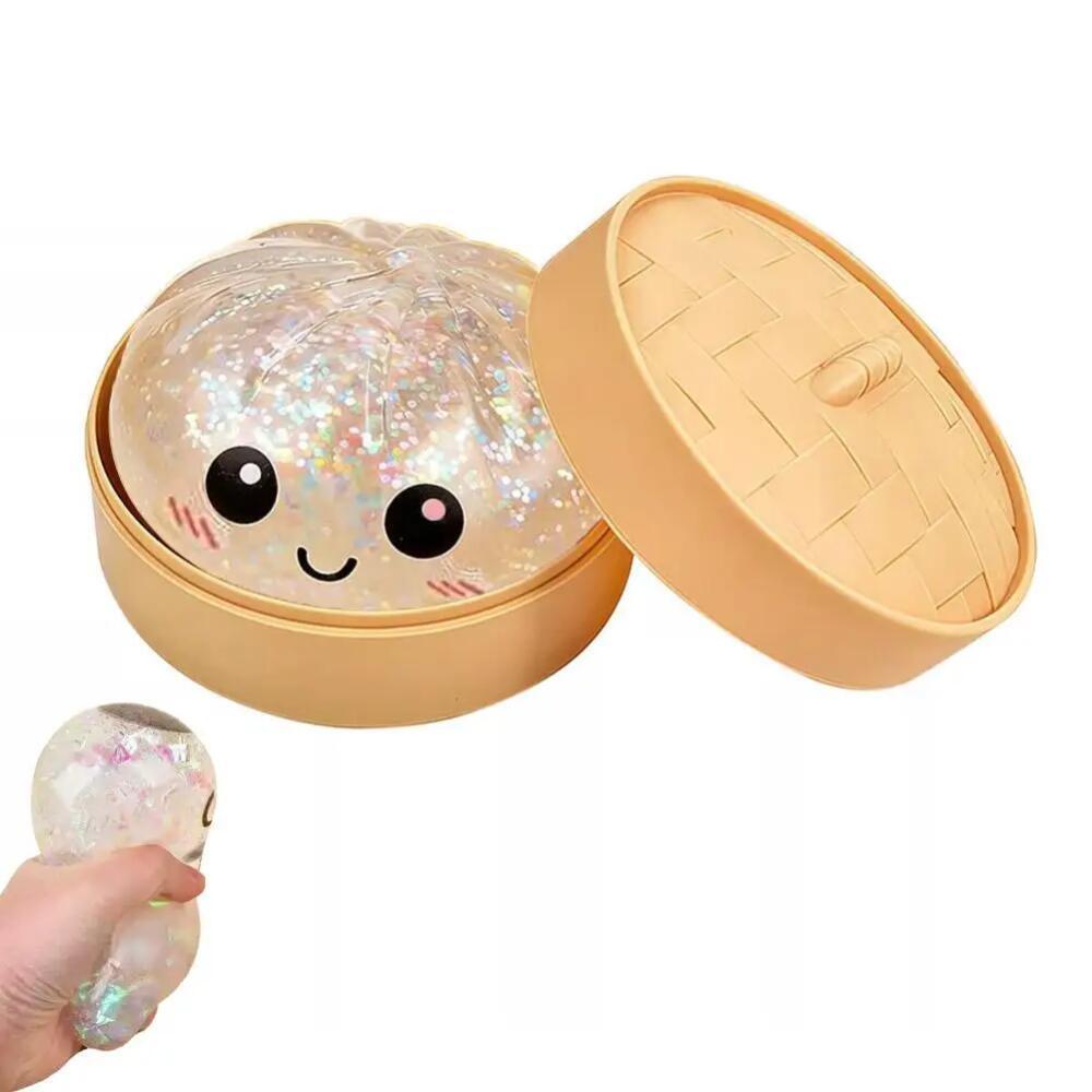 Glitter Dumplings Stress Relief Toy Cute Steamed Bun Squishy Toy with Steamer Box Fidget Toy Soft Slow Resilience Stress Relief Sensory Squeeze Toy