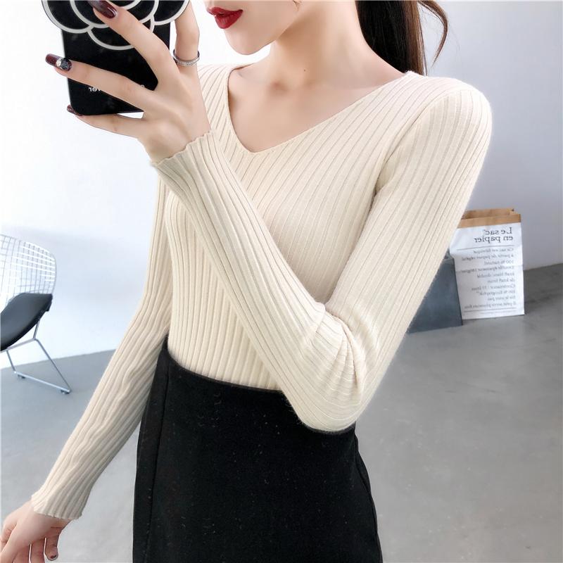 Autumn and Winter V-neck Knitted Sweater for Women Fashion Slim Fit Long Sleeve Base Pullover Sweaters Tops Ladies Elegant Solid Woman Knitwear 24978