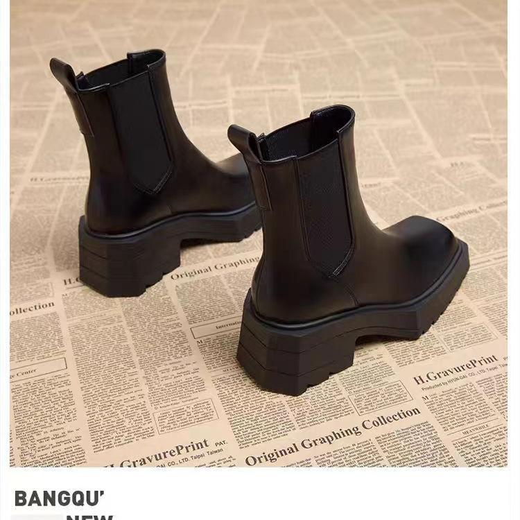 Square Martin Boots Women's British Smoke Boots Pu Thick Sole Heightening Thick Heel Chelsea Short Boots