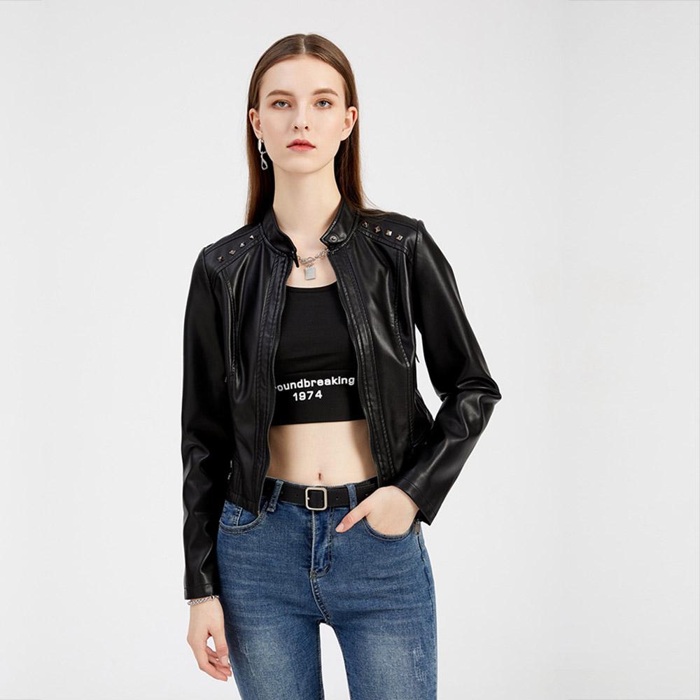 Women Spring Autumn Short Rivet Stand Collar Long Sleeve Zipper Thin Pu Leather Jacket S-3XL