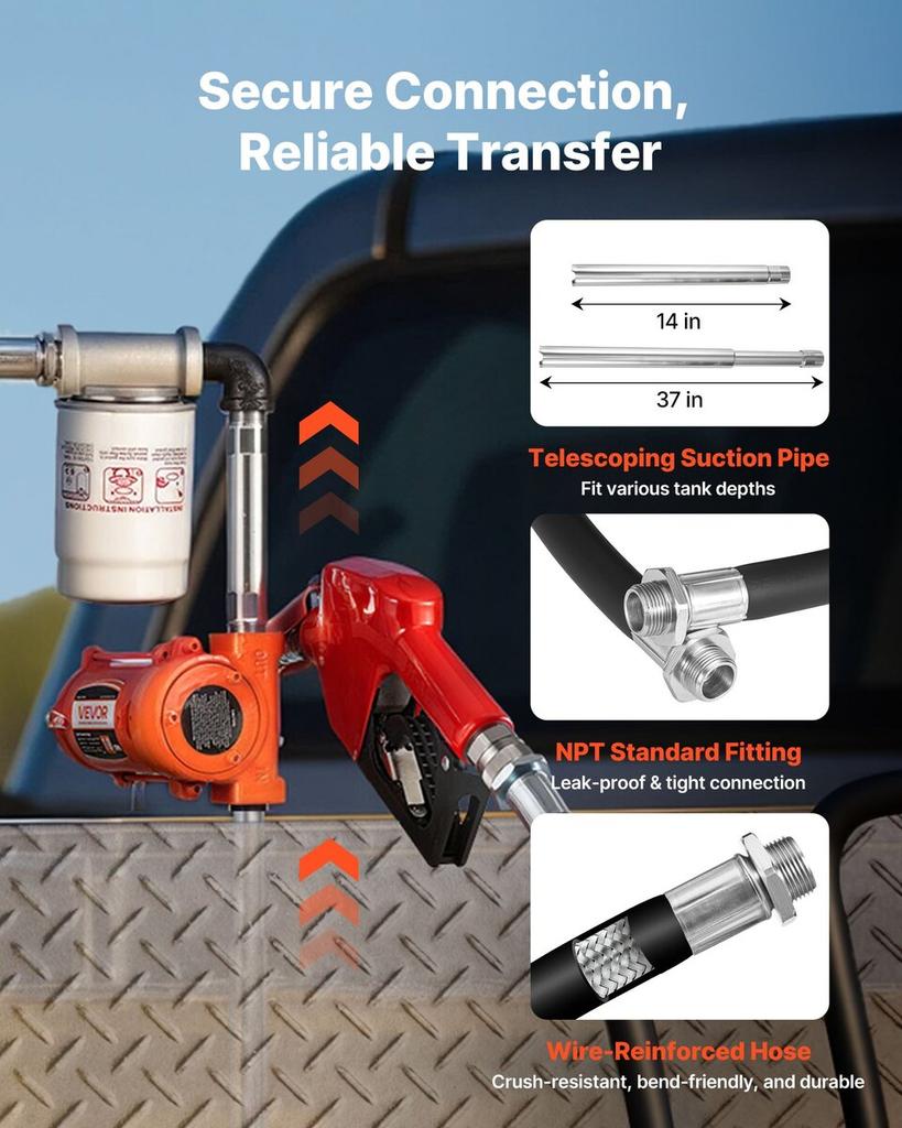 Fuel Transfer Pump, 12V DC 40 L/min, Portable Diesel Transfer Pump Kit, with Auto Shut-Off Nozzle, Discharge Hose, Overheat Protection, Power Cable,
