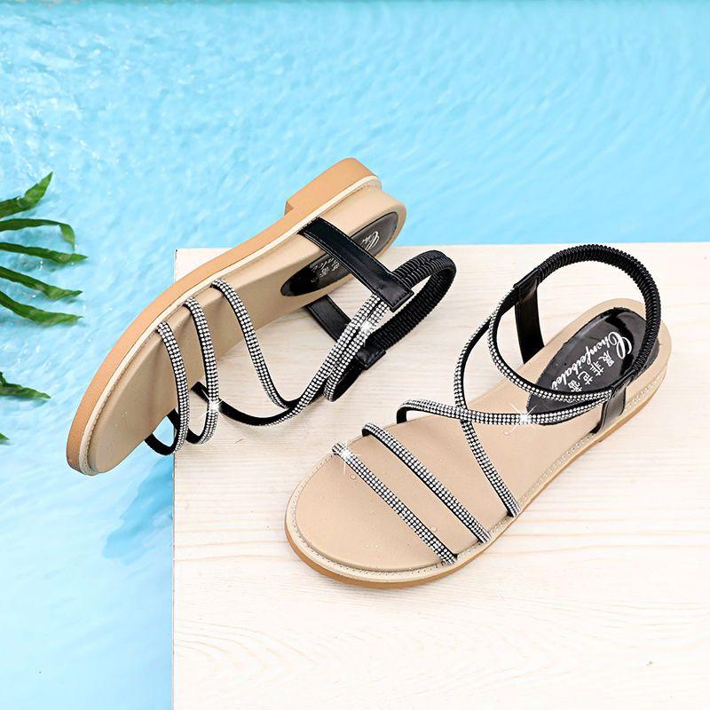 Woman Shoes Black Roman Style Open Toe Sandals for Women Diamond Flat Rubber 2025 Trending Original Vip Sales Designer Luxury