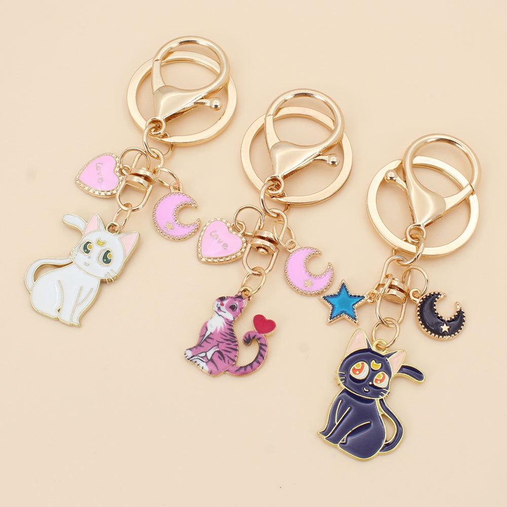 Derpy Moon Cat Keychain Pendant with Star Charm - Cute Kitten Bag Accessory