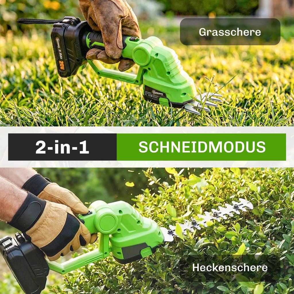 2-in-1 Cordless Hedge Trimmer Electric Hedge & Shrub Shears with 20/10cm Cutting Length, Charger