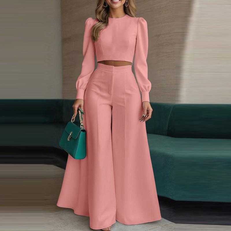 ZANZEA Women Long Sleeve Cropped Tops and Wide Leg Pants Casual Two Piece Suit Set