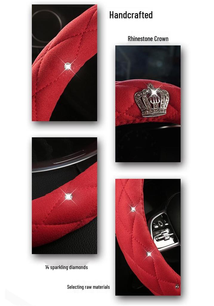 All-Season Suede Steering Wheel Cover with Rhinestones and Crown for Cars, Trucks & SUVs