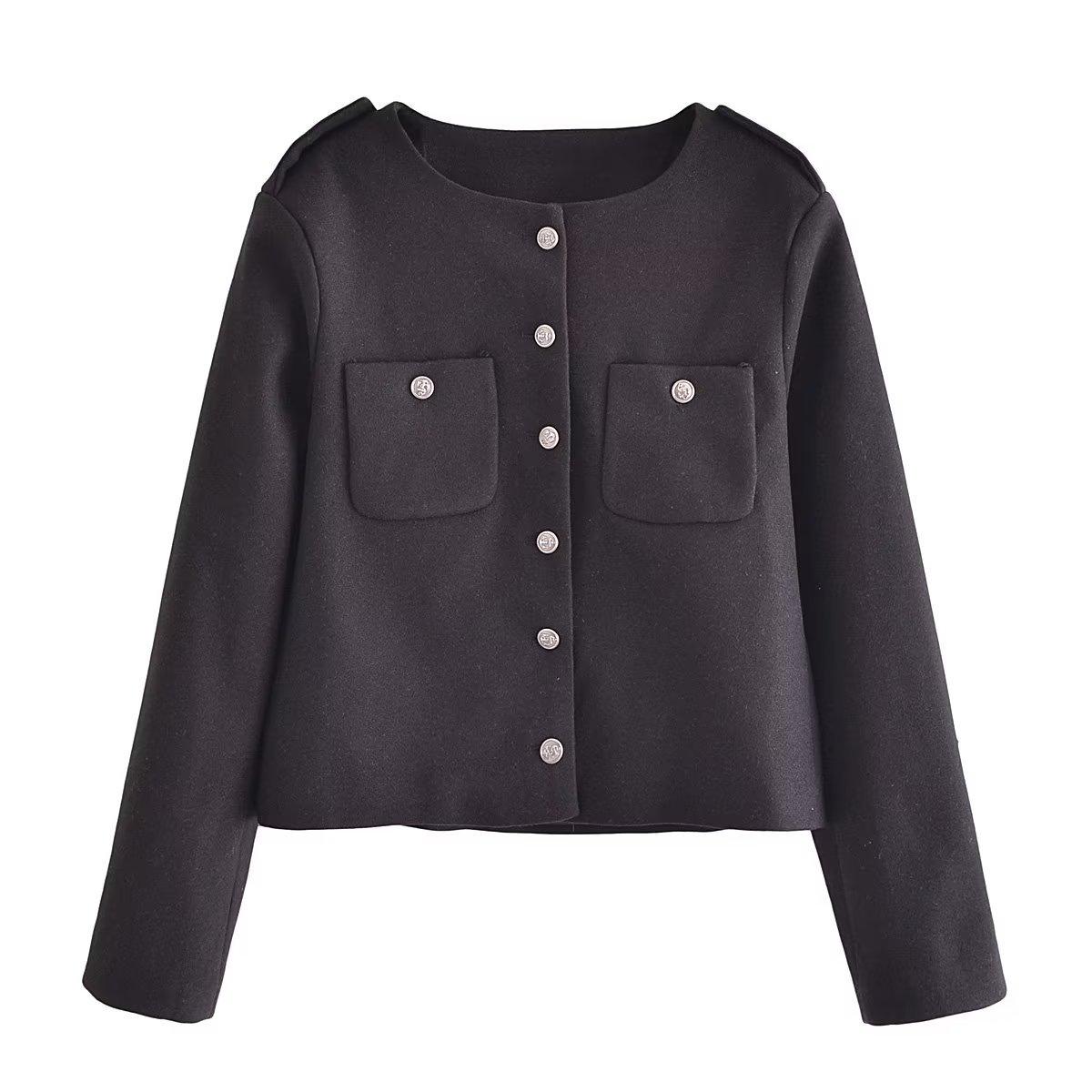 

Женское короткое шерстяное пальто с круглым вырезом в европейском и американском стиле 2023 года Small чёрный