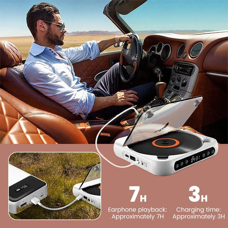 Portable CD Player with Bluetooth 5.3 – Hi-Fi Sound Rechargeable Battery, Supports CD/CD-R/CD-RW/MP3 Compact & Lightweight