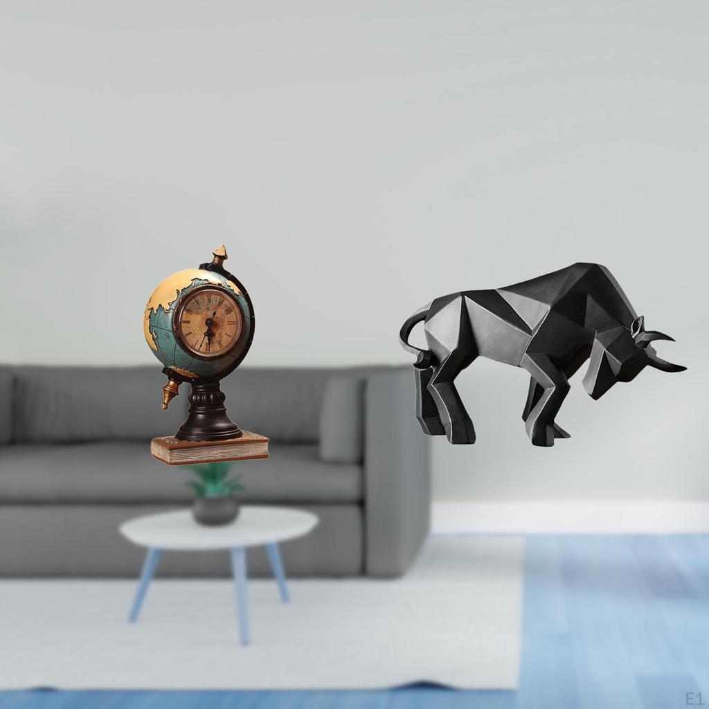 Bull Figurine Statue Collectible Resin Table Clock Ornament for Office Shelf Bedroom Cabinet