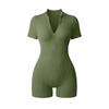 Women's Stand Collar Short Sleeve Romper Slim Fit High Waist Casual Ribbed Jumpsuit With Front Zipper For Yoga Workout Daily Wear