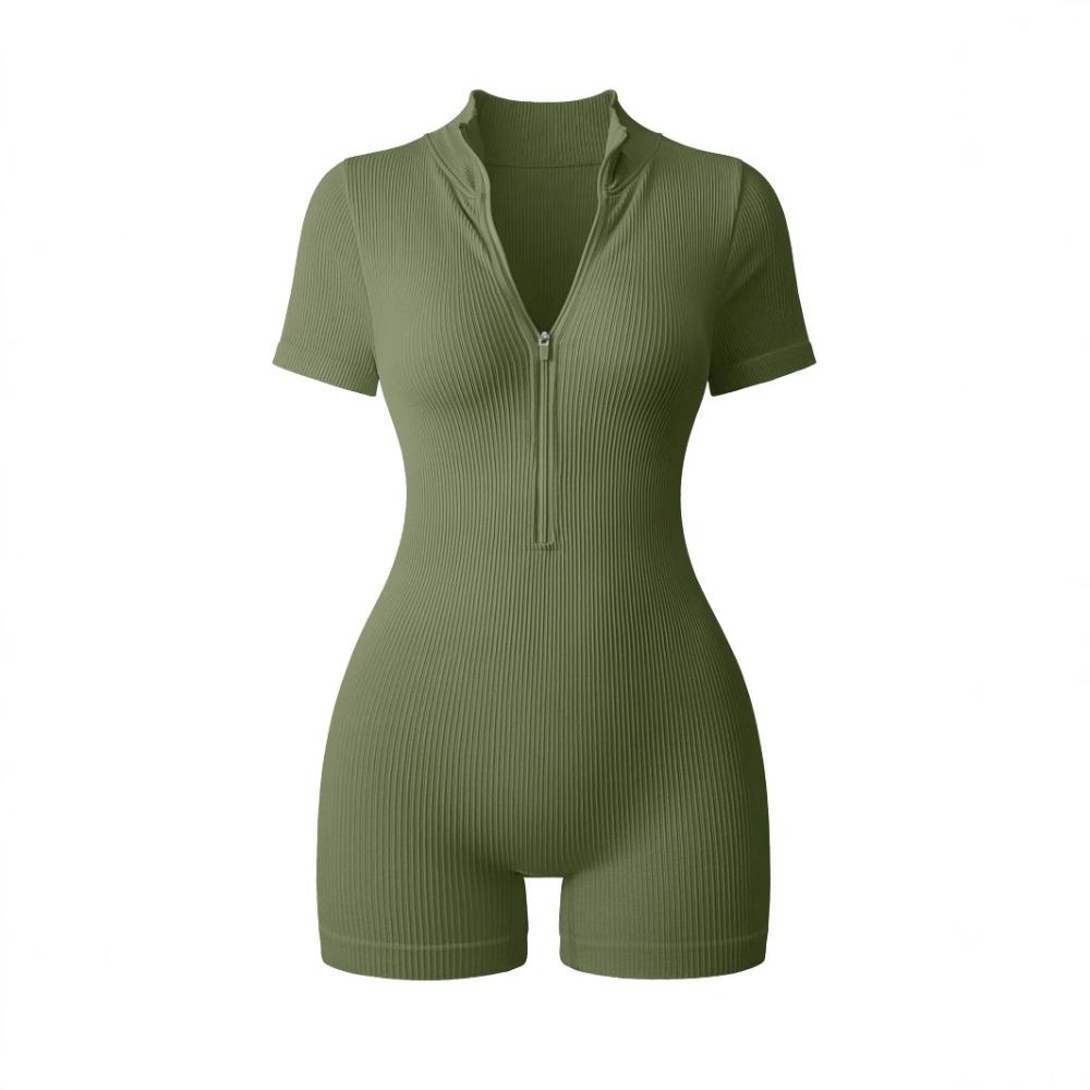 Women's Stand Collar Short Sleeve Romper Slim Fit High Waist Casual Ribbed Jumpsuit With Front Zipper For Yoga Workout Daily Wear