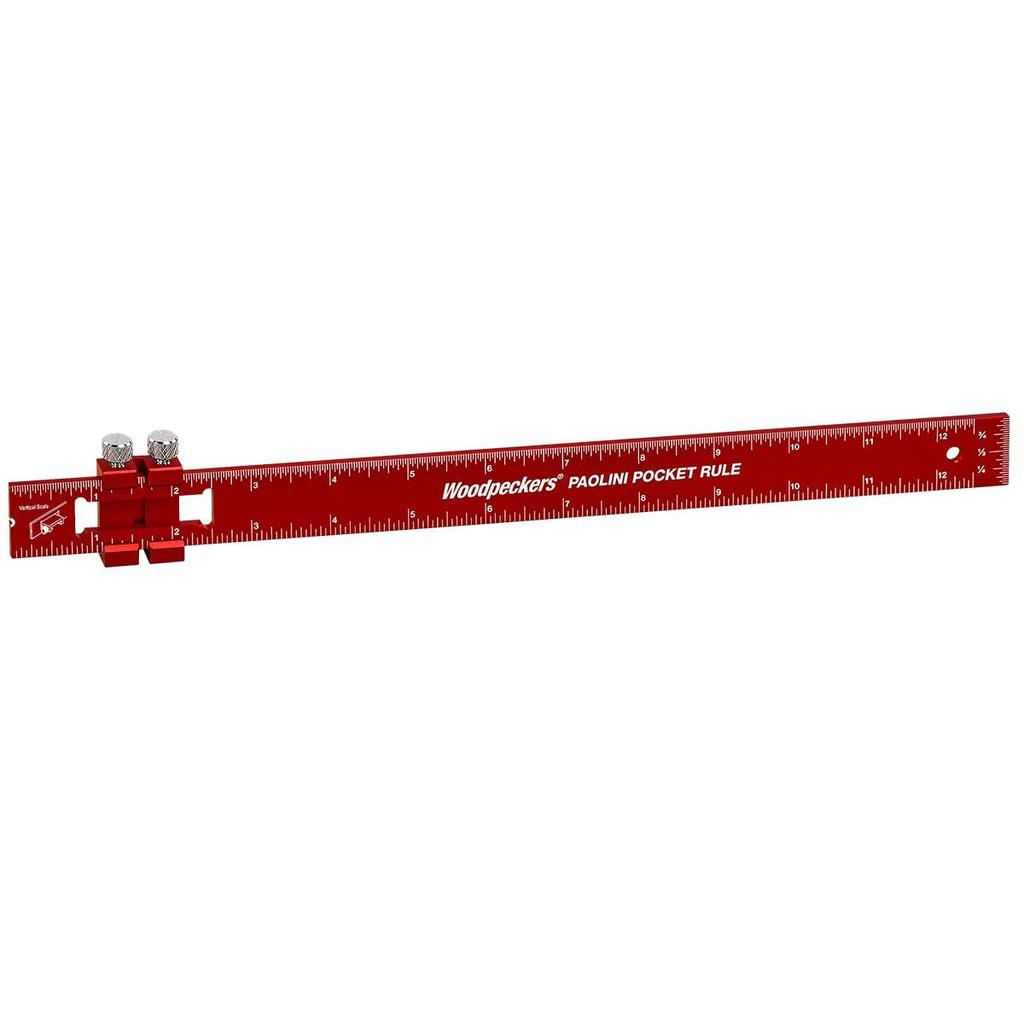 Woodpeckers Paolini Pocket Metric Woodworking Ruler with Slide Vertical End Scribing Engraved Rule, Aluminum, 300mm, Stop, Scale, Notch, Scale.