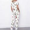 Women Plus Size Floral Printed Cutout Neck Short Sleeve Scrub Set With Pockets Top And Long Pants Two Piece