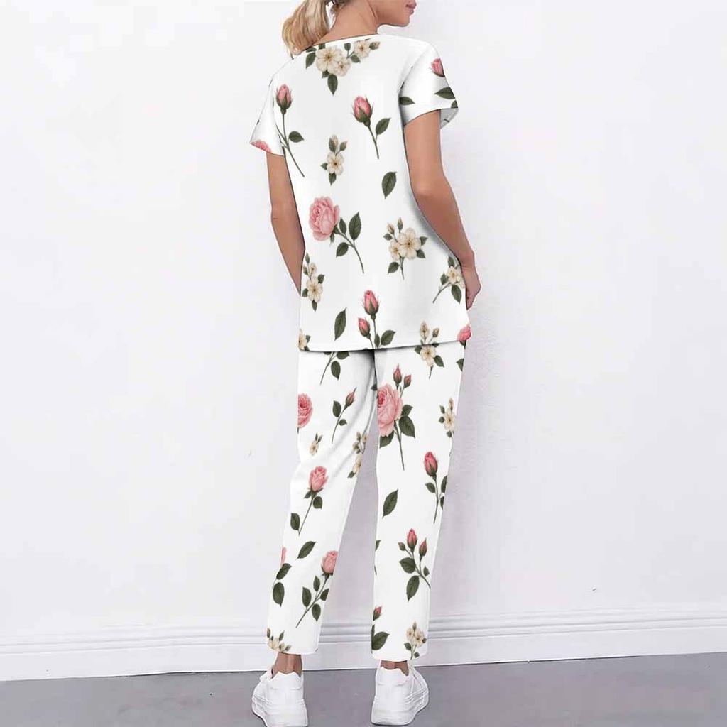 Women Plus Size Floral Printed Cutout Neck Short Sleeve Scrub Set With Pockets Top And Long Pants Two Piece