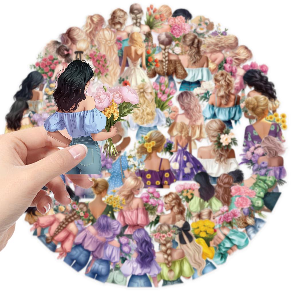 50PCS Floral Girl Stickers Transparent Waterproof Laptop, Mobile Phone, Luggage and Water Bottle Decorative Stickers