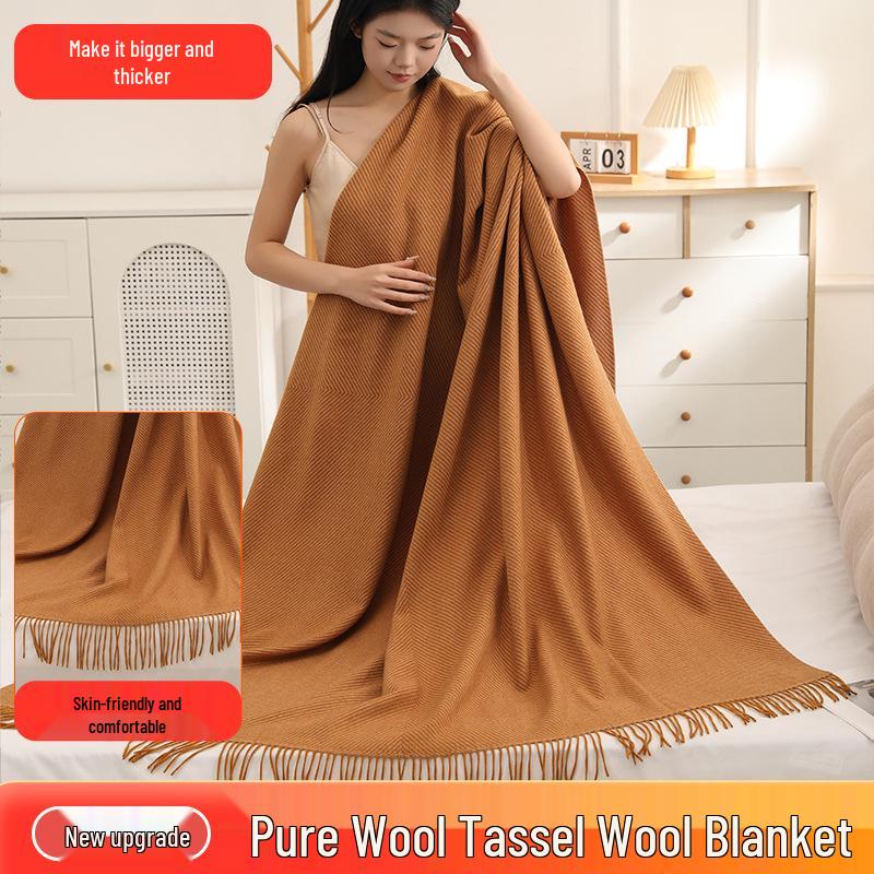 Pure Wool Tassel Shawl & Blanket - Thick, Warm, Skin-Friendly, Two-in-One Air Conditioning Blanket