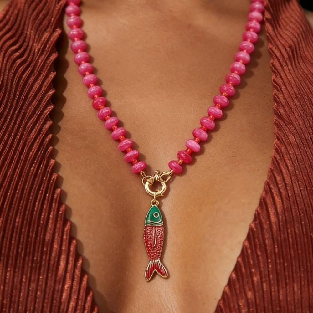 Colored Stone Small Fish Pendant Necklace Bohemian Fish-shaped Charms Jewelry Beads Necklace Women