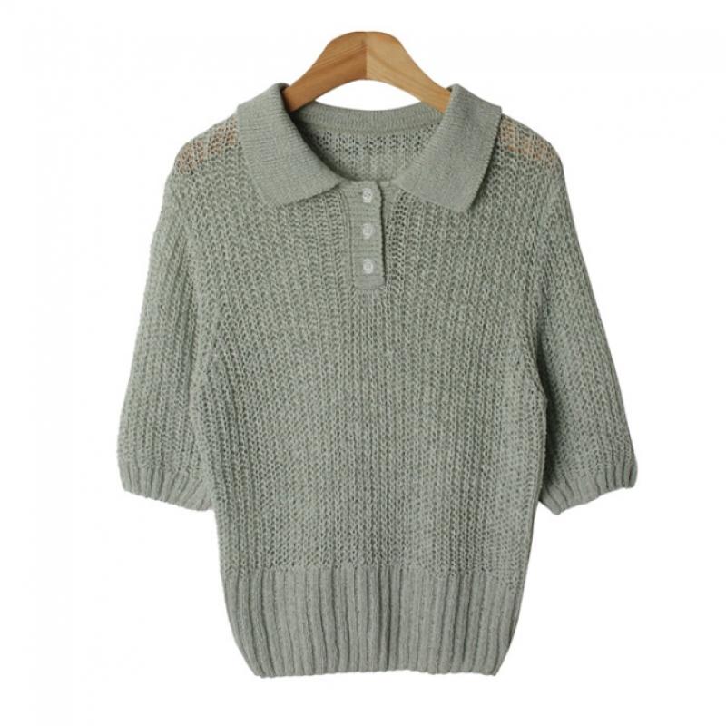 Shop   Women Collar Neck Half Open BuTTon Daily ShorT Sleeve KniT T shirT Ivory 