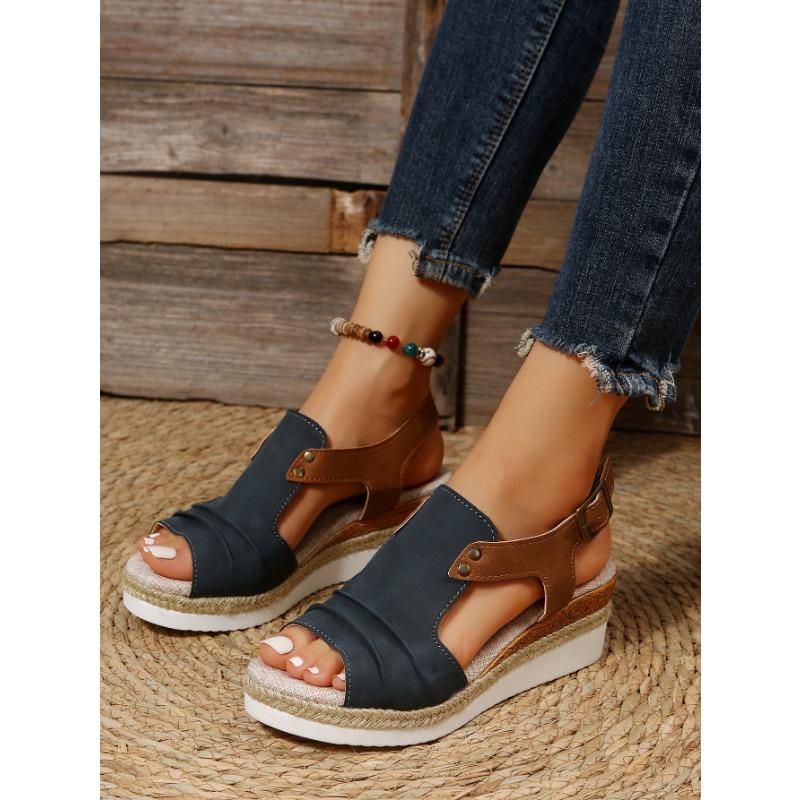 Summer new fish mouth wedge heel sandals large size pleated belt buckle thick sole hemp rope sole women's sandals