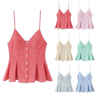 Women's Fashionable Sexy V Neck Striped Suspender Button Short Top