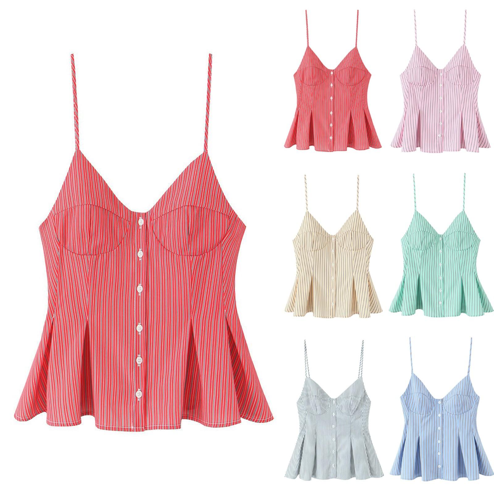 

Women s Fashionable Sexy V Neck Striped Suspender Button Short Top L