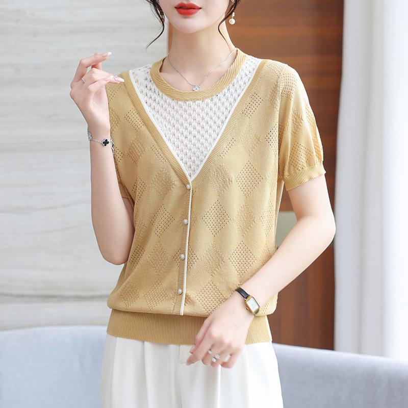 

2026 Stylish Faux Two-Piece Short-Sleeve Knit Top for Mature Women, Lightweight Summer Ice Silk XL (suitable for 100-110 jin) жовтий/верблюд