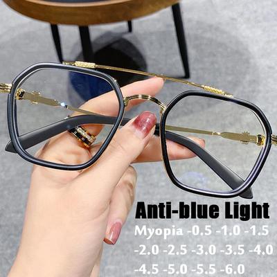 Retro Fashion Double Beam Square Myopia Glasses Luxury Men Women Anti Blue Light Transparent Finish Prescription Eyewear -1.0