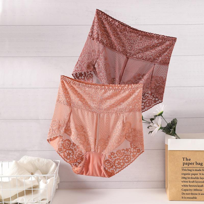 Big Size Lady Summer Thin Sexy Lace Hollow Out Abdominal High Waist Triangle Briefs