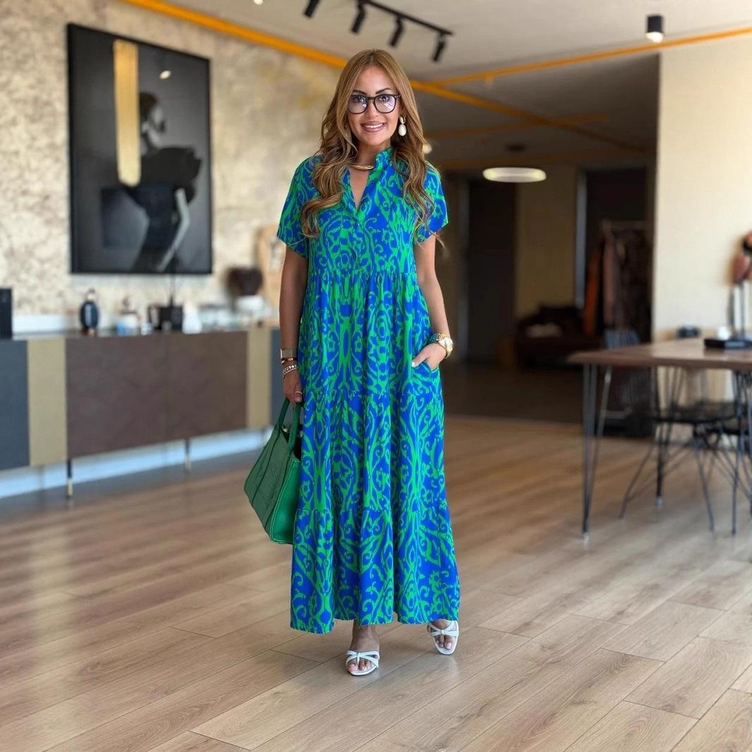 

Women s Floral Print Maxi Dresses Elegant Long Sleeve V-Neck Flowy Summer Dress S зелений