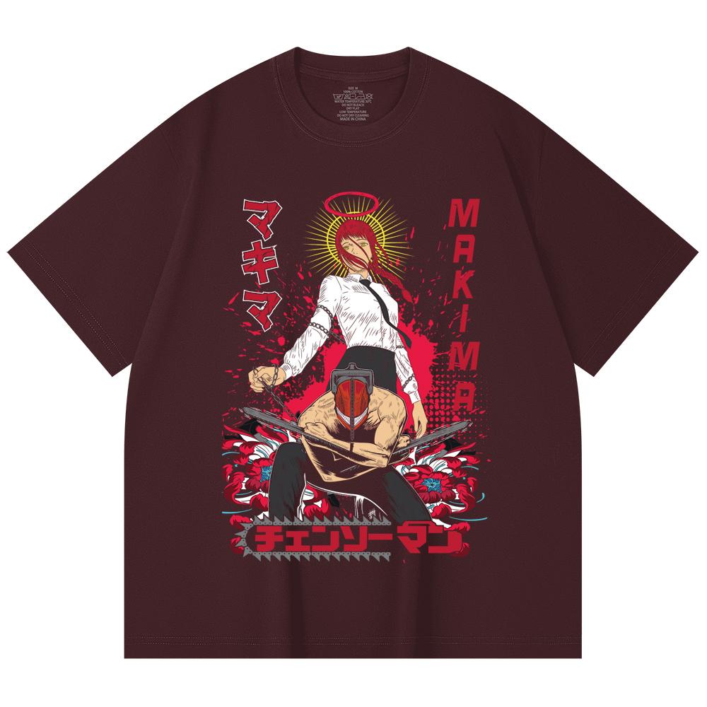 

230 Gsm 100% Cotton Chainsaw Man V23 Denji x Makima Print Unisex Heavy Cotton T Shirt 2XL вина червоного кольору