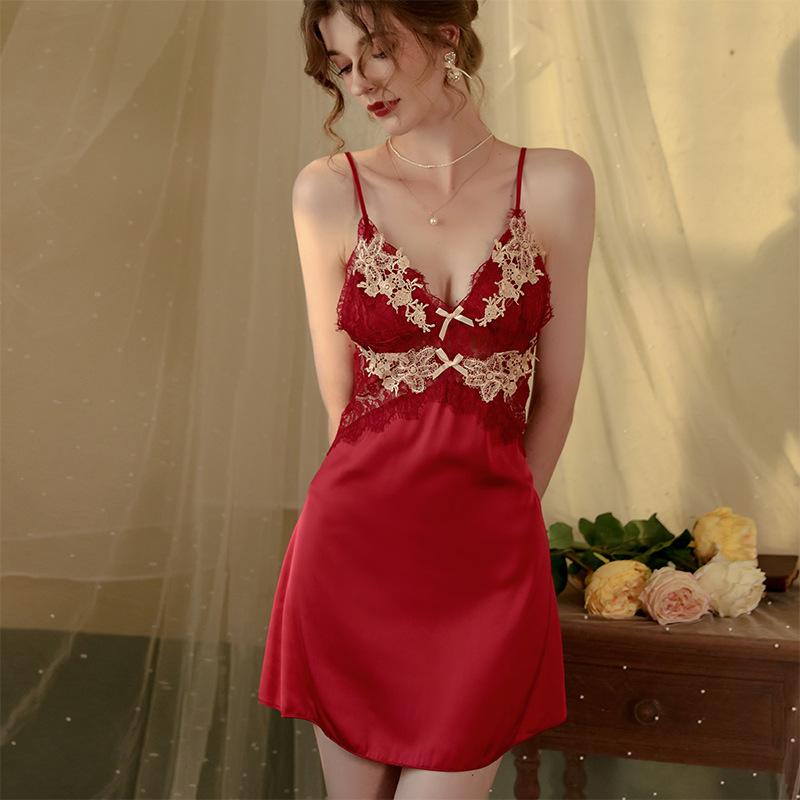 Suspender nightgown summer women's new ice silk sexy pajamas lace pure wind backless with chest pad home