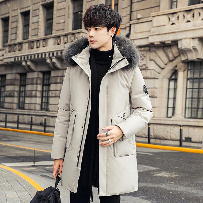 Hooded Down Jacket Men's Medium and Long White Duck Down Fashion Trend Thickened Warm Middle-aged and Young Men's Winter Coat