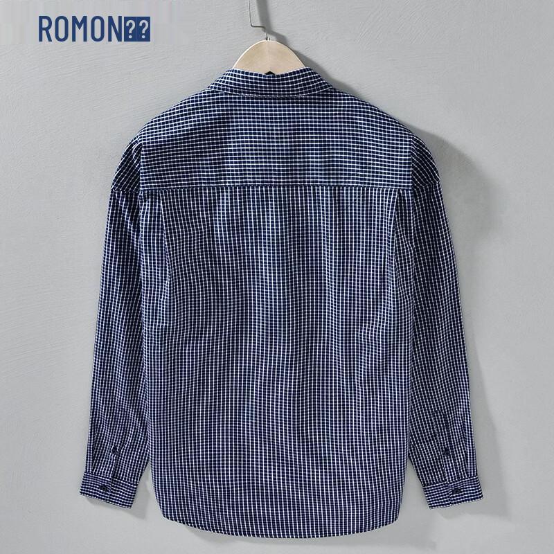 ROMON Men's Japanese Style Plaid Long-Sleeve Shirt