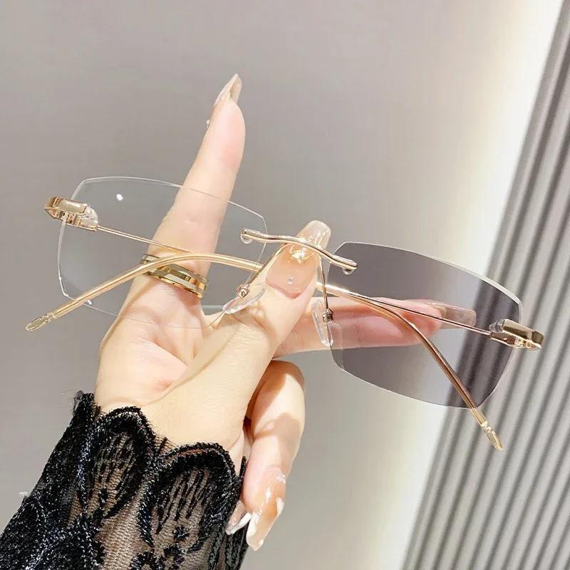 Men Women Rimless Pochromic Glasses Fashion Square Anti-blue Myopia Eyewear New Trend Ladies Color Changing Eyeglasses
