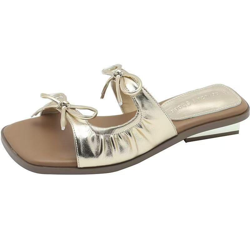 Versatile Thick Heel Square Head Open-toed Sandals Summer New Bow Outer Slippers Women