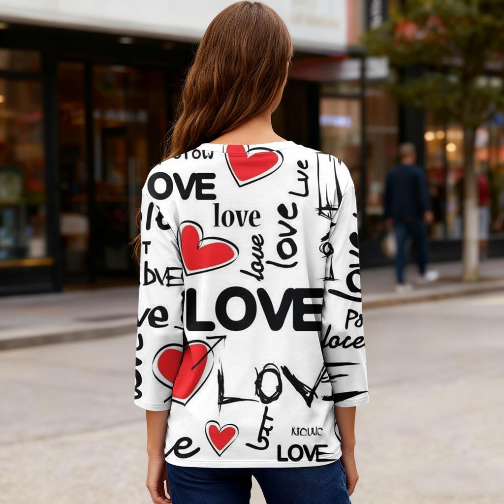 Damen Valentinstag Print Mode Lässig 3/4 Ärmel Rundhals Oberteil