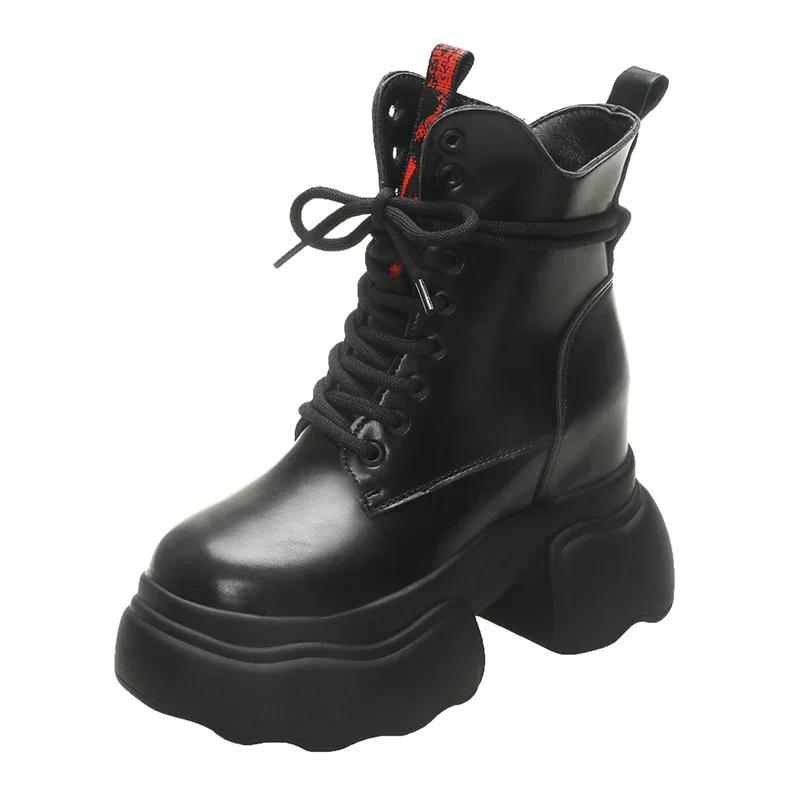 Fashion 11CM Ankle Boots Women Platform Sneakers High Heels Leather Chunky Boots New Autumn Winter Lace Up Motorcycle Boots Botas Mujer