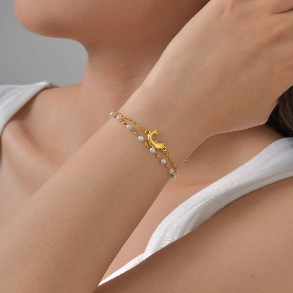 Stainless Steel Dolphin Double Stacked Gold Bracelet Ladies Elegant Jewelry 2435