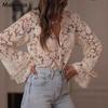 Damen Durchbruch Casual Spitzenhemd Spitze Langarmtop S-XXL