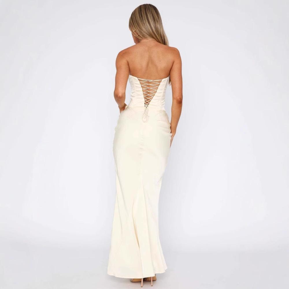 Women's Strapless Midi Dress Slim Fit Elastic Waist Sexy Satin Corset Bodycon Dress Solid Ruched Wedding Guest Evening Gown