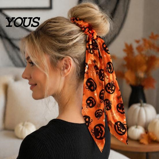 Silky Hair Accessory Halloween Satin Scrunchies for Women, Funny Pumpkin Printed Elastic Ties, Cute Accessories Soft Ponytail Holders,