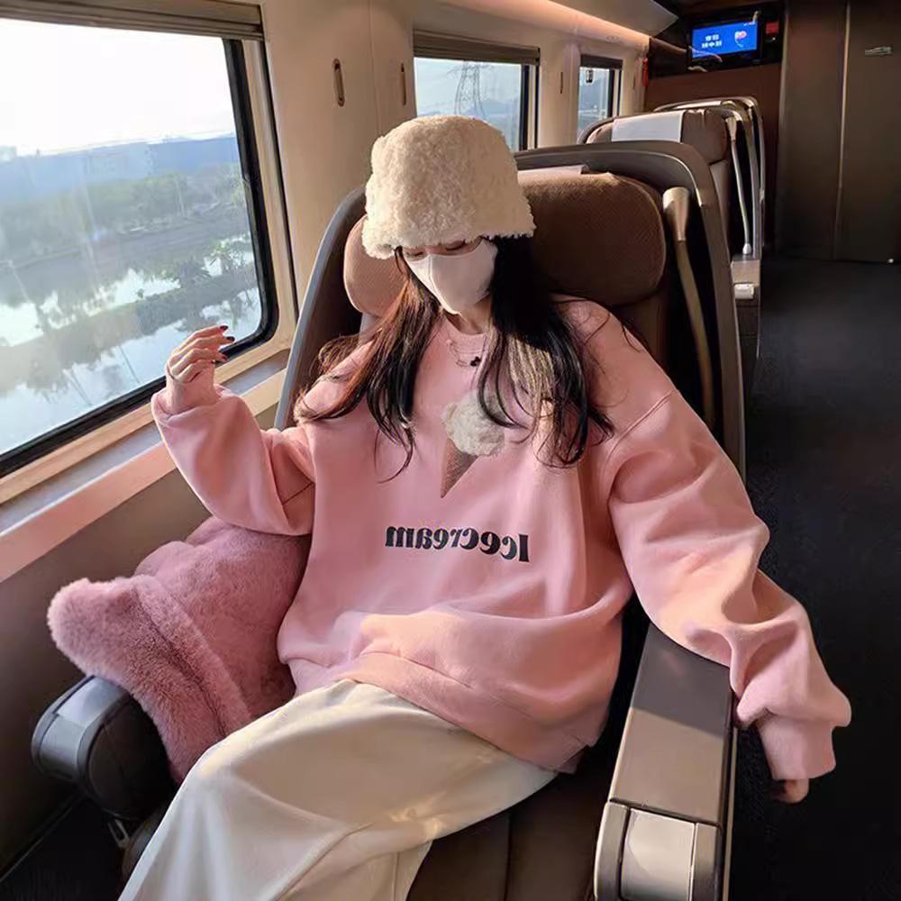 American oversize hoodless sweater women's design sense ice cream printing versatile foreign style long-sleeved