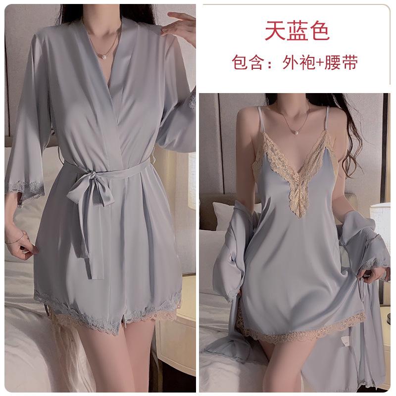 Women's Lace Push Up Padded Backless Cami Sleep Dress with Tie Robe Lounge Set
